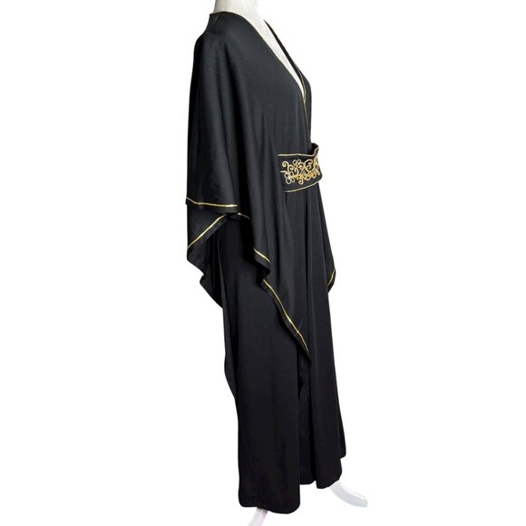 Vintage 70s Rue Rodeo Embellished Kaftan Dress Large Black Gold Stretch Maxi - Picture 4 of 11